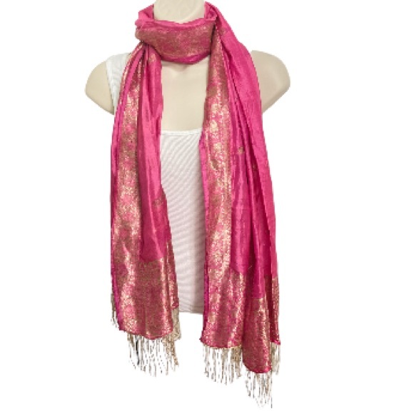 Indian Scarf Dupatta Foil Sewn Bright Shiny Pink Wrap Scarf Tie 33 in x 20 in